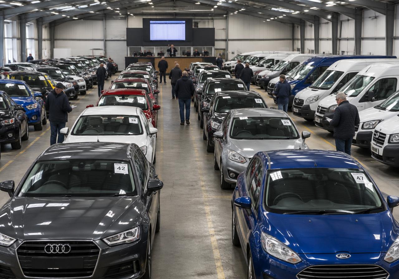 Used cars and vans lined up at a UK vehicle auction